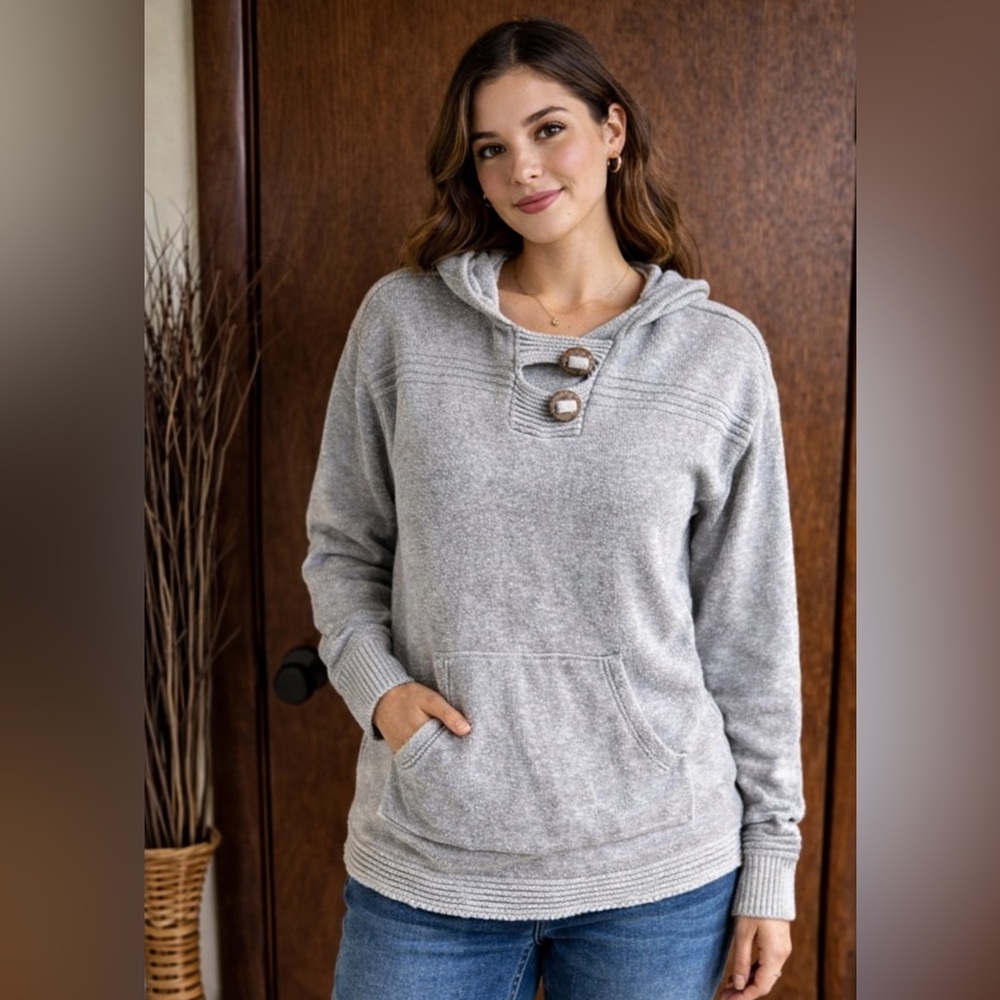 Soft Surroundings Hooded Sweater Gray 100% Cotton with Buttons | XS